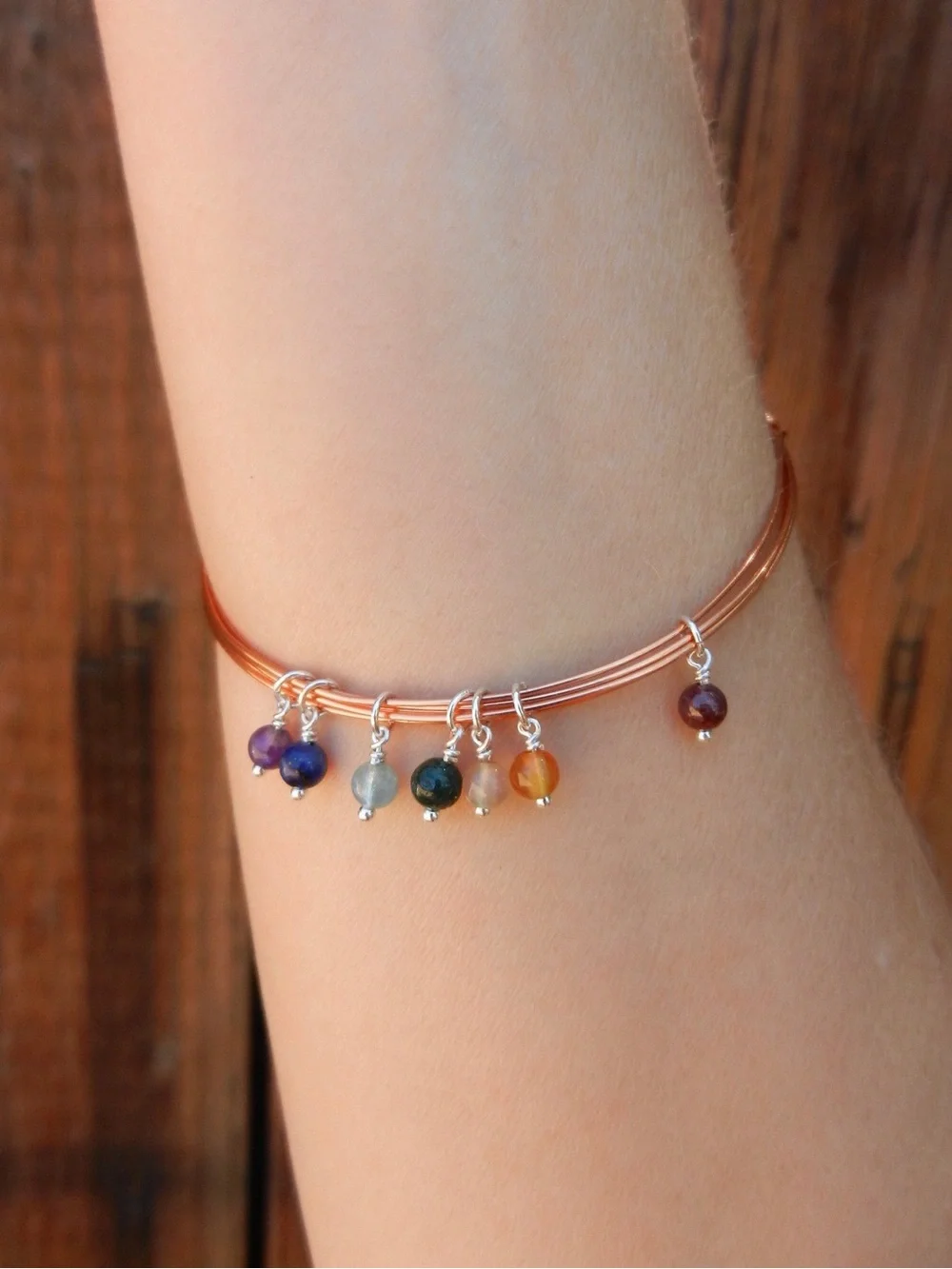 Copper 7 Chakra Multi-Gemstone Charm Bangle Bracelet
